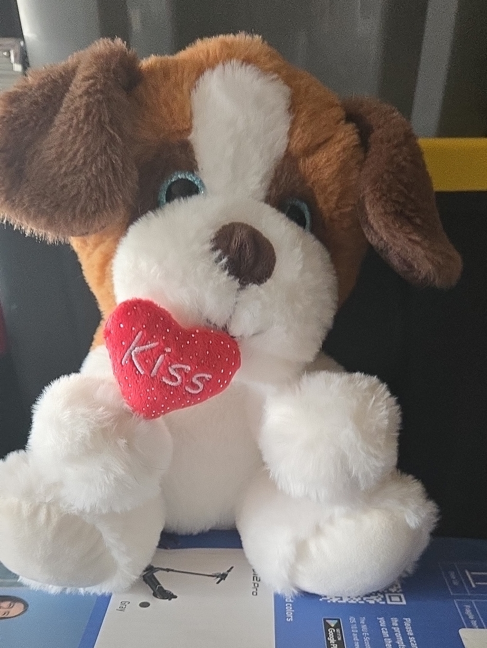 Plush Puppy Toy with Red 'Kiss' Heart - White & Brown